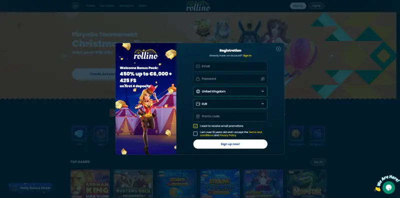 registration pop up at rollino casino